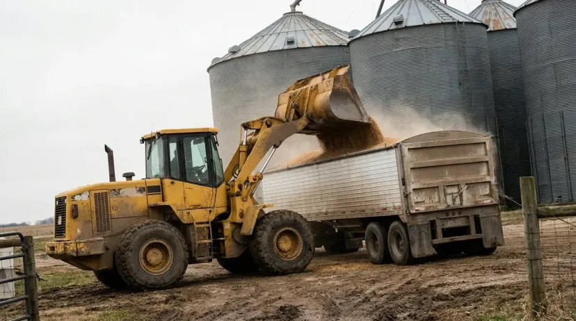 Capacidade de armazenagem: pá-carregadeira movimenta grãos no pátio de silo