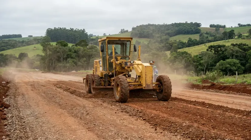 Frota de terraplanagem em obra de duplicação na BR-470, em Santa Catarina