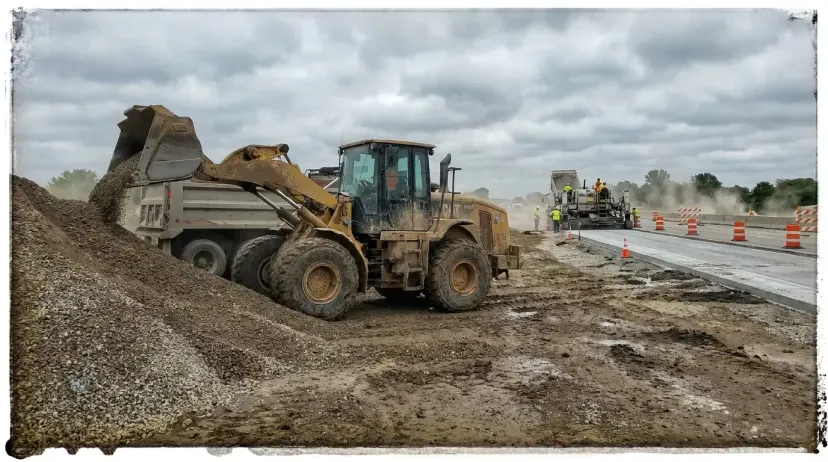 Pá-carregadeira alimentando usina em obra de rodovias de concreto no Paraná