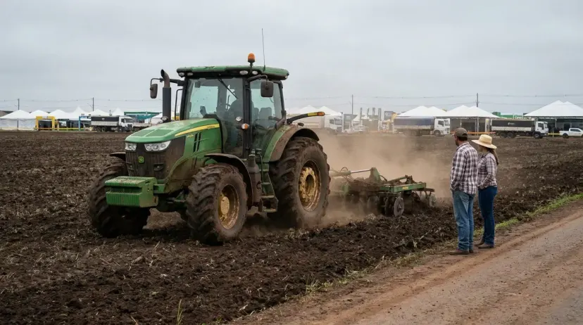 Agrishow 2026: pá-carregadeira carregando calcário em fazenda