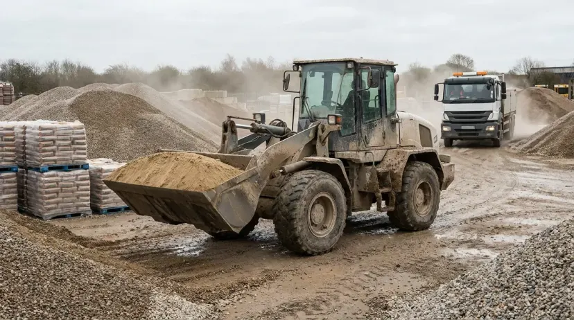 Carregadeira carrega brita em pátio de depósito — venda de cimento em alta