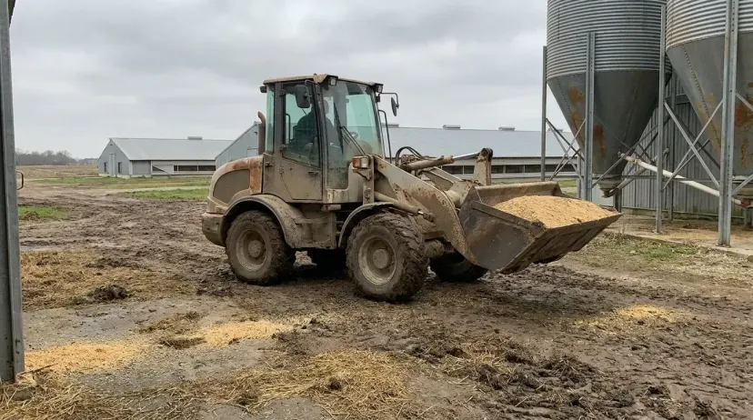 Pá-carregadeira compacta na granja de postura movimentando ração