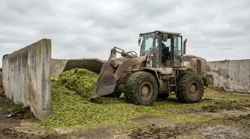 Pá-carregadeira compactando silagem de milho na trincheira