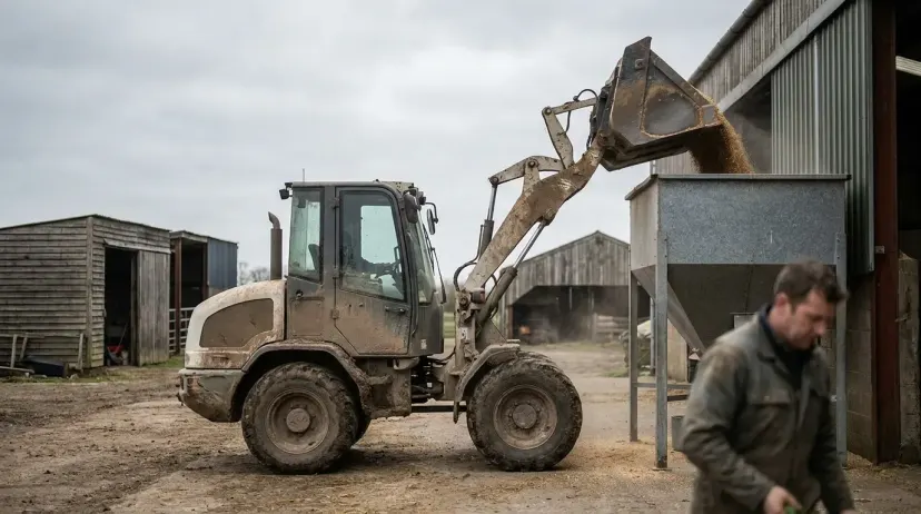 Carregadeira para granja compacta descarregando ração a granel no aviário